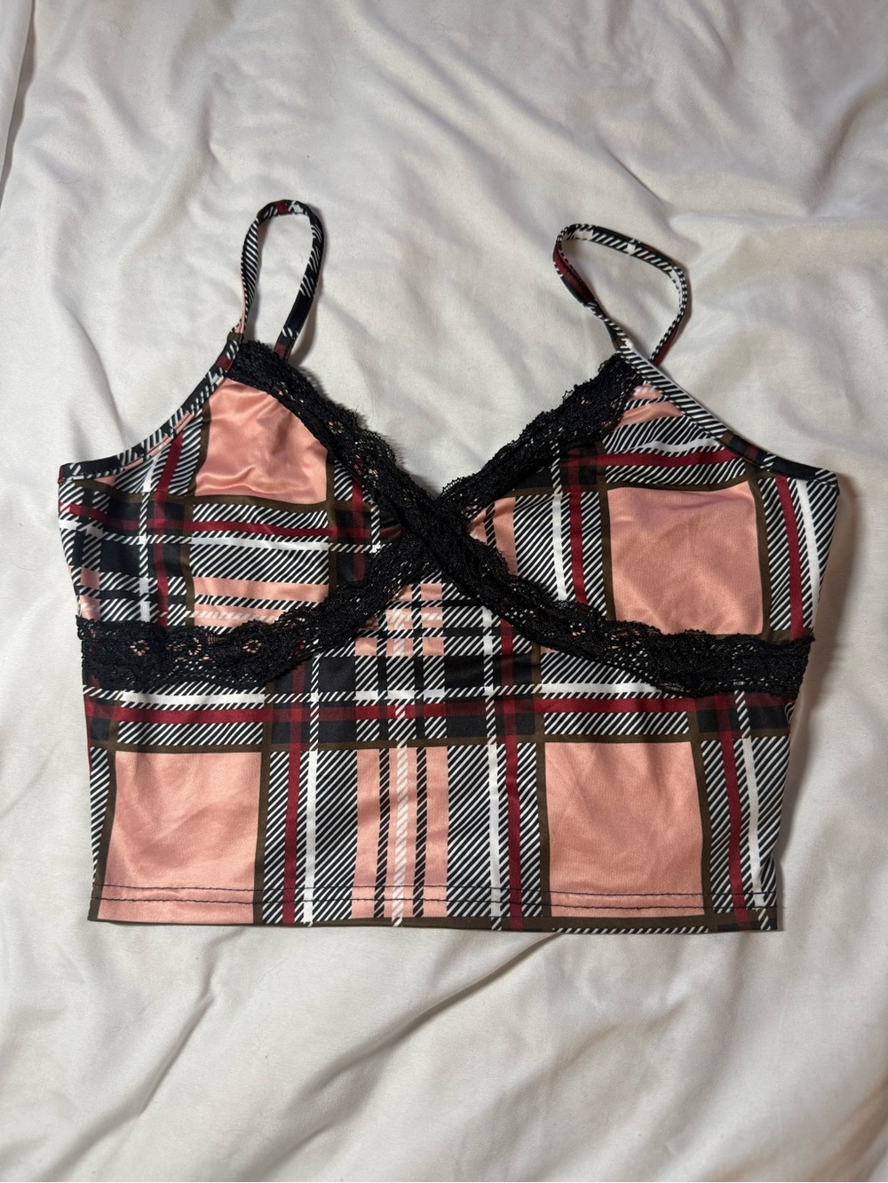 SHEIN Pink and Black Plaid Satin Crop Top with Lace Trim